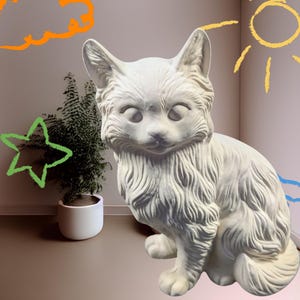 May include: A white, detailed cat statue with a fluffy chest and tail, sitting upright. The cat has large, expressive eyes and pointed ears. The statue is a decorative item, perfect for cat lovers.