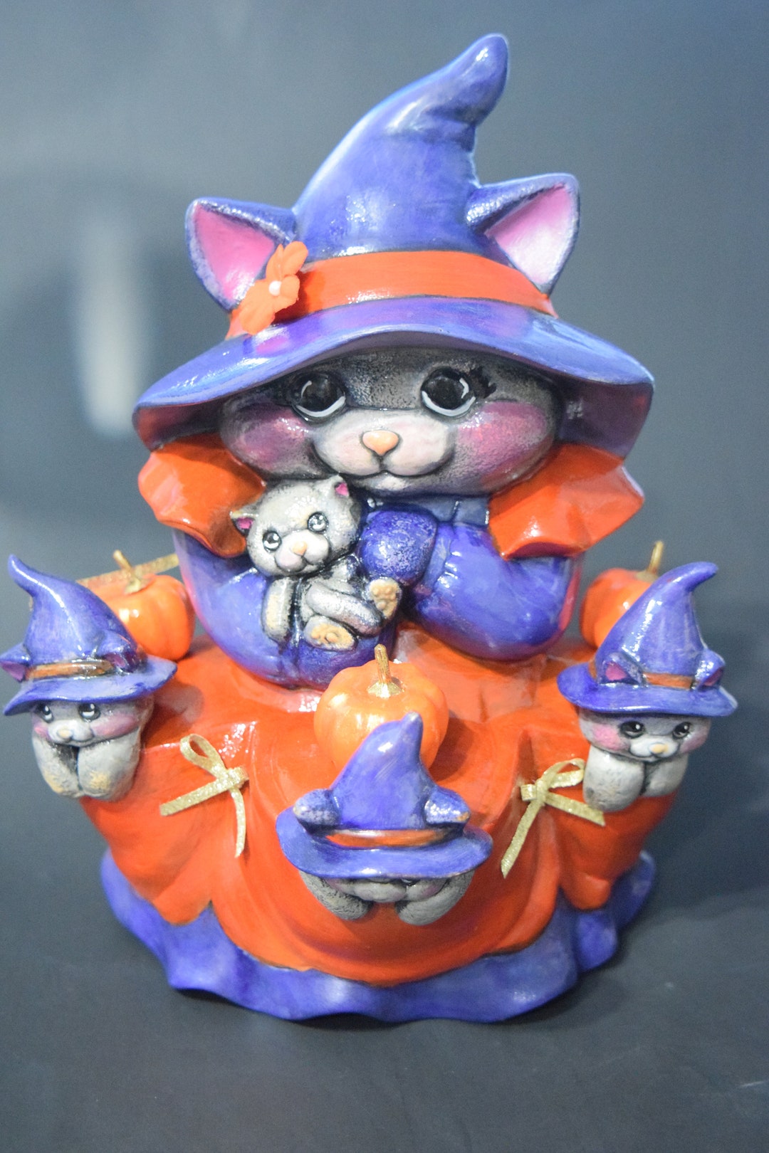 Large Ceramic Cat Witch Figurine With Kitten. Olga's Treasures