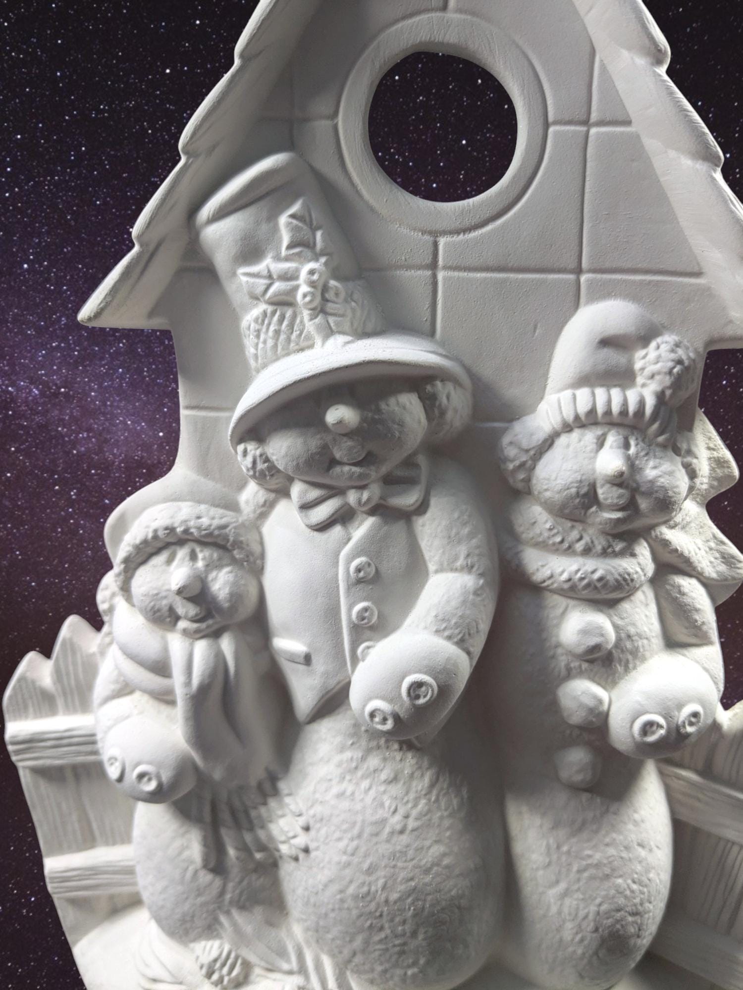 Ready to Paint Kimple Snowman family. Vintage Kimple Ceramic Molds. Snowman Bisque. Three Snowmen and a House. Olga's Treasures Shop
