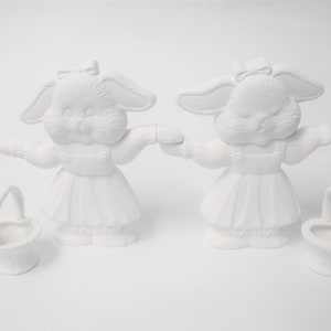 2 Bunnies Holding Hands and Little Baskets Ready to Paint.Ceramic Bisque Bunnies Double Sided.Olga&#39;s Treasures Shop