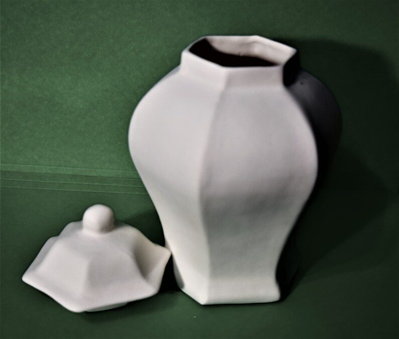 Peut inclure: Un vase en c&eacute;ramique blanc avec un design g&eacute;om&eacute;trique et un couvercle assorti. Le vase a un corps bulbeux et un col hexagonal &agrave; facettes. Le couvercle est fa&ccedil;onn&eacute; pour s'adapter au vase, avec un petit bouton sur le dessus. Le fond est vert uni.