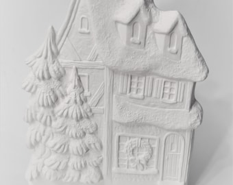 Large Christmas House Plaque.Unpainted Ceramic Christmas House Plaque.Ready to Paint Christmas House.Olga's Treasures Shop