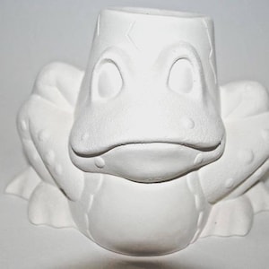 May include: White ceramic frog planter with a textured surface and large eyes. The frog is sitting with its legs tucked underneath its body.