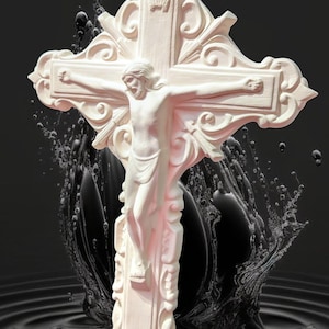 May include: A white crucifix sculpture depicting Jesus Christ on the cross. The sculpture has ornate detailing and is set against a dark background with water-like effects. The figure is in a traditional pose, with arms outstretched.