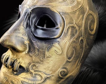 3D Printed Mask: 'Iron Prisoner' Inspired, Metallic Gold Scrollwork Cosplay Prop