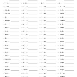 Peut inclure: Une feuille d'exercices de multiplication de niveau Grade 2 intitulée LockInMath en noir et blanc. Le document présente 100 problèmes de multiplication à un chiffre allant de 0-10 par 0-10, organisés en quatre colonnes avec des lignes vides.