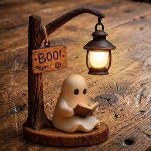May include: A decorative figurine featuring a small, smooth, cream-colored ghost sitting and reading a book. A brown, tree-like post holds a hanging lantern with a glowing light and a wooden sign with the text BOO! and a small bat icon.