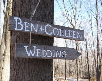 Custom Painted Wedding Directional Sign with Names, Reclaimed Wood