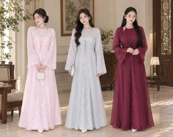 Conjunto de vestido Ao Dai color burdeos, atuendo tradicional vietnamita con bata transparente (Celebración del Tet)