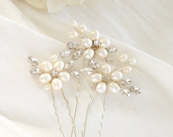Crystal Wedding Hair Pins | Wedding Pearls Hair Pins Set of 3 | Crystal Bridal Hair Pin | Silver Hair Piece | Bridesmaid Hair Piece ALINA