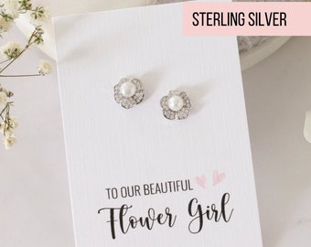 CZ  Pearl Earrings | Flower Girl Jewelry Day of Wedding | Floral Stud for Girls Children Women | Gold & Silver | Tallulah