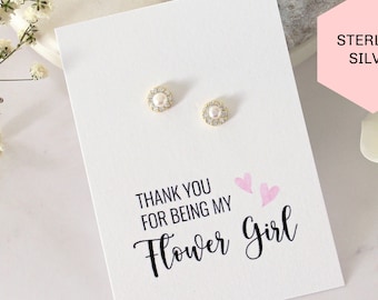 Flower Girl Gift, Tiny Pearl Halo Earrings, CZ Pearl Earrings, Pearl Stud Earrings, Flower Girl Pearl Earrings, Flower Girl Card, FE411