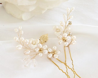 Floral Hair Pins | Gold Bridal Hair Piece | Pearl Hair Pin set of 2 | Wedding Hair Pins for Bride | | Bridesmaid Gift | ALICIA