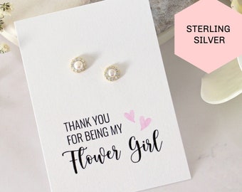 Flower Girl Gift, Tiny Pearl Halo Earrings, CZ Pearl Earrings, Pearl Stud Earrings, Flower Girl Pearl Earrings, Flower Girl Card, FE411