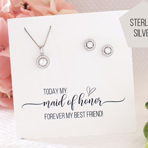 Round Halo CZ Necklace and Stud Earrings Jewelry Set for Wedding Sterling Silver | Carter