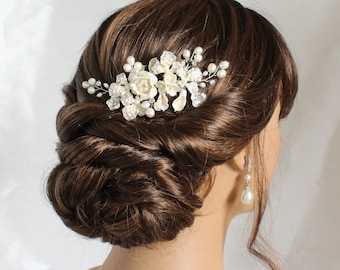 Perlen Blumen Braut Haarkamm mit Porzellan Blumen | Braut Kopfschmuck | Blumen Haarschmuck für Hochzeit | Haarschmuck für Braut - AMY