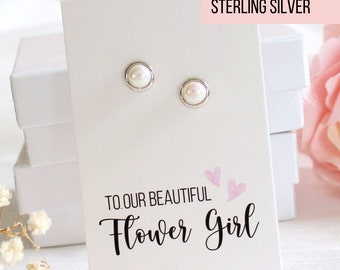 Genuine Pearl Stud Bezel Set Silver or Gold | Flower Girl Jewelry Wedding Day | | Yuri