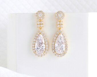 Bridal CZ Earrings | Crystal Drop Wedding Earrings | Gold CZ Wedding Earrings | Cubic Zirconia Bridal Earrings - LISA