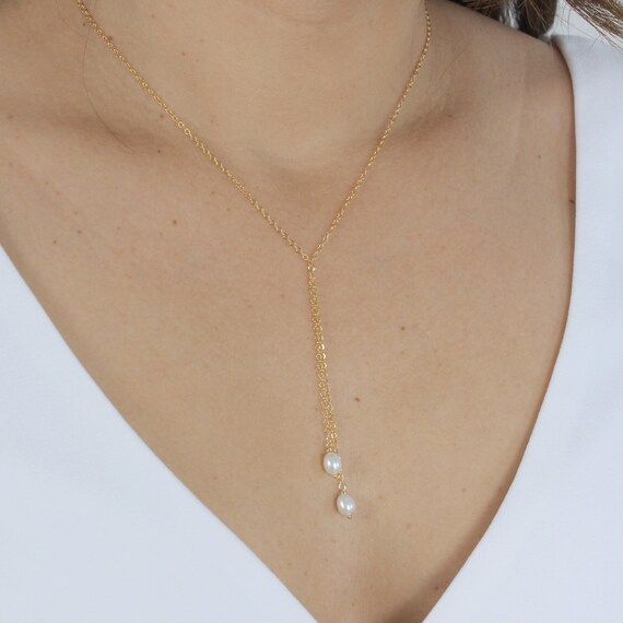 Two Oval Drop Pearl Lariat Necklace | Pearl Necklace Wedding Day 