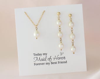 Pearl Necklace and Earrings Set for Maid of Honor Gift Wedding Day Jewelry Best Friend Gift