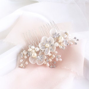 Bridal Hair Comb with Ivory Silk Flowers & Freshwater Pearls | Delicate Wedding Hairpiece for Bride | Laura
