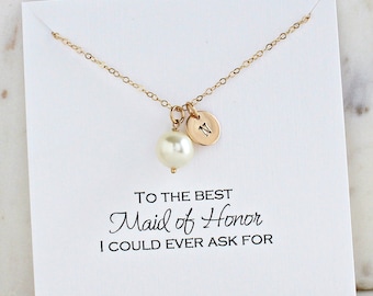 Maid of Honor Gift | Personalized Bridesmaids Pearl Initial Necklace | Wedding Jewelry for Bridal Party