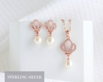 Rose Gold Hochzeit Set für Bräute| Perlen Teardrop Halskette Ohrringe Set | Blumen Kristalle & Perlen Brautschmuck Set | Brautjungfer Schmuck