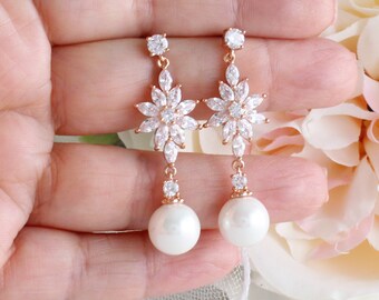 Pearls & Crystal Bridal Earrings | Rose Gold Floral Bridal Earrings | Wedding Drop Earrings | Wedding Earrings for Bridesmaids - JULIETTE