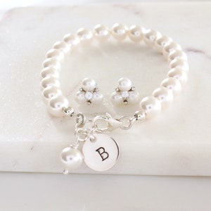Flower Girl Pearl Bracelet with Sterling Silver Earrings | Wedding Day Gift | Kids Jewelry | Pearl Bracelet Set