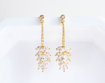 Gold Linear Earrings for Bride | Marquise Crystal Bridal Earrings | CZ Wedding Earrings | Cubic Zirconia Bridal Earrings - SKYLAR