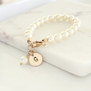 Flower Girl Thank you Gift | Girl Pearl Bracelet with Custom Initial Disc Gold Filled or Sterling Silver | Toddler to Teen Christening Gift