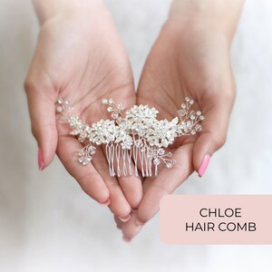 Crystal Encrusted Silver Flower Bridal Hair Comb | Wedding Hair Accessory with Pearls | Chelsea