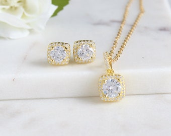 Gold Bridesmaid CZ Jewelry Set | Maid of Honor Gift from Bride | Bridal Party Gift Jewelry | Bridesmaid Jewelry Sets Earrings and Necklace