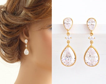 CZ Wedding Earrings for Bride Gold | Bridal CZ Drop Earrings | Wedding Jewelry | Bridesmaids Gift - ZARA