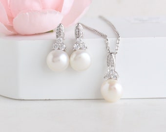 Crystal Pearl Jewelry Set | Wedding Jewelry for the Bride Silver | Mother of the Bride Jewelry | Wedding Day Gift for Mother in Law