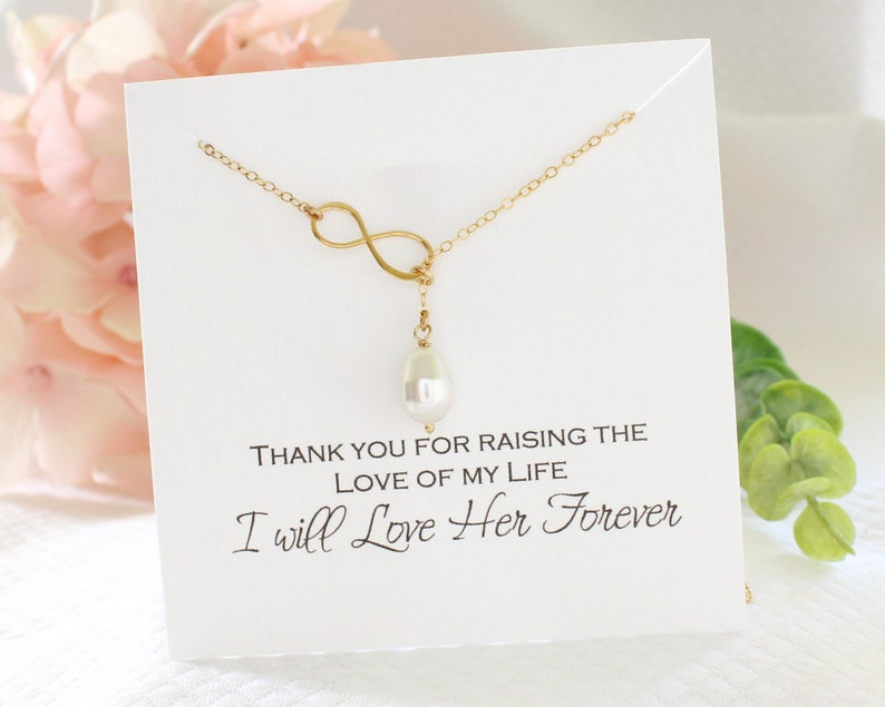 Mother of the Bride Pearl Necklace Mom Keepsake Gift Infinity Pearl Lariat image 1