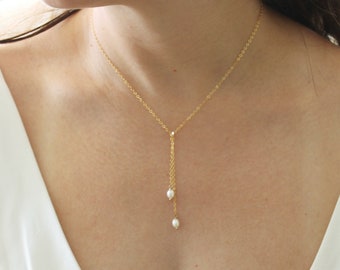 Zwei Ovale Tropfen Perlen Lariat Halskette | Perlenkette Hochzeit Tag | Echte Perlen Y Halskette | Layering Halskette | Brautjungfern Geschenk