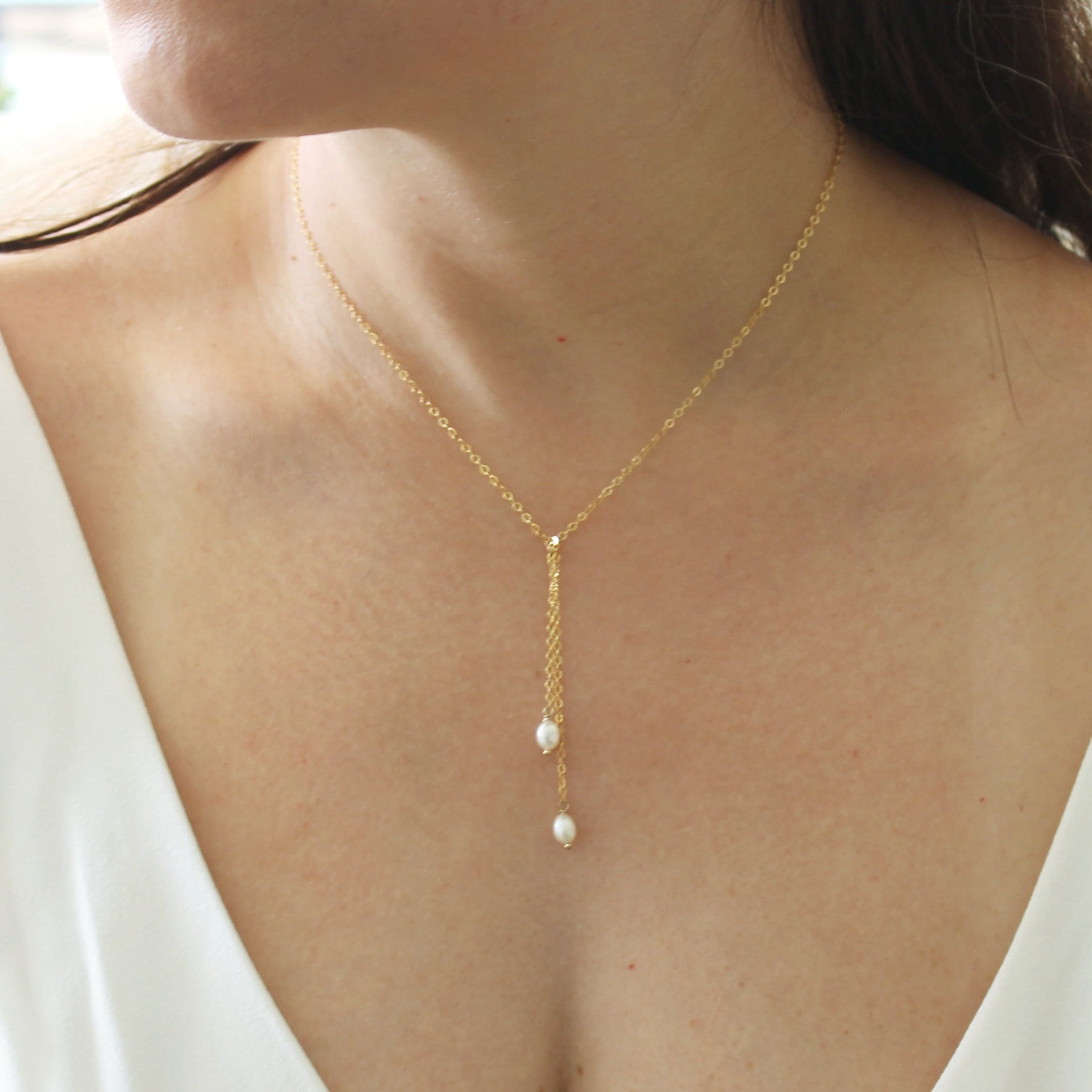 Two Oval Drop Pearl Lariat Necklace | Pearl Necklace Wedding Day