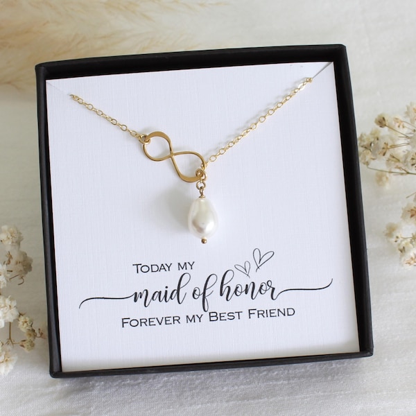 Maid Of Honor Gift from Bride | Pearl Drop Infinity Lariat Necklace | Thank You For Being My Bridesmaid and BBF Gift | Wedding Jewelry