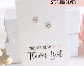 Tiny Daisy Cz Stud Earrings | Be my Flower Girl Proposal Gift | Little Girls Cute Dainty Pearl Studs | Gold & Silver | Odessa