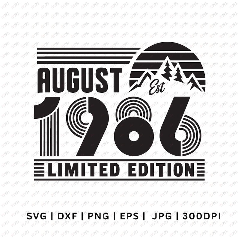 May include: A black graphic design featuring the text AUGUST EST 1986 LIMITED EDITION. The design includes a stylized mountain range inside a semi-circle and the number 1986 rendered with concentric circular lines and vertical stripes.