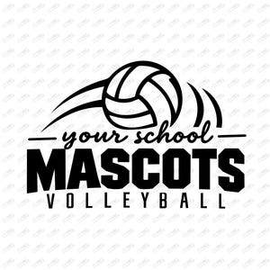 Könnte beinhalten: Ein schwarz-weißes Grafikdesign mit einem Volleyball und Bewegungslinien, dem Text "your school" in Schreibschrift, dem Wort "MASCOTS" in fetten Blockbuchstaben und dem Wort "VOLLEYBALL" darunter, sowie den Dateiformaten am unteren Rand.