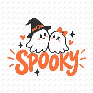 Könnte beinhalten: Eine digitale Grafik mit zwei weißen Geistern mit schwarzen Augen und rosigen Wangen. Ein Geist trägt einen schwarzen Hexenhut mit orangefarbenem Band, der andere eine orangefarbene Schleife. Das Wort SPOOKY steht in großen orangefarbenen Buchstaben.