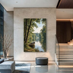 May include: A vertical wall art print depicting a serene landscape with a small wooden rowboat moored at the edge of a calm river. Lush green trees frame the water, with sunlight filtering through the leaves, creating soft reflections on the surface.