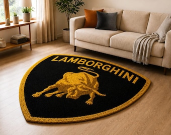 Lamborghini Shield Shape Tufted Rug | Black Gold Statement Carpet