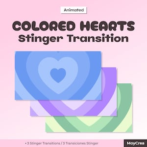 Puede incluir: Gráfico digital animado con el texto COLORED HEARTS Stinger Transition. Se muestran tres superposiciones rectangulares en azul, morado y verde, cada una decorada con un patrón de corazones repetidos en varios tonos del mismo color.