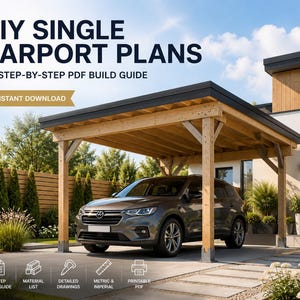 Op de afbeelding: DIY plannen voor een enkele carport met een stapsgewijze PDF-bouwgids. De afbeelding toont een houten carportstructuur met een plat dak waaronder een grijze SUV staat. Tekst bevat DIY SINGLE CARPORT PLANS, STEP-BY-STEP PDF BUILD GUIDE en INSTANT DOWNLOAD.