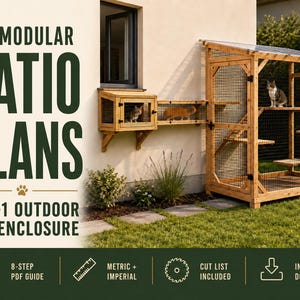 May include: DIY modular catio plans for a 3-in-1 outdoor cat enclosure. The digital guide includes an 8-step PDF, metric and imperial measurements, and a cut list. The image shows a wooden cat enclosure with wire mesh, platforms, and a roof.