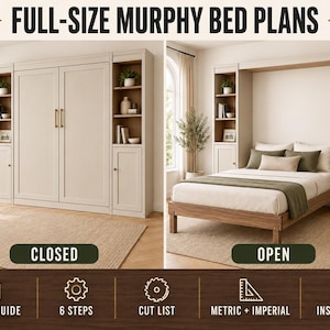 May include: Full-size Murphy bed plans featuring a beige cabinet unit with side shelving. The design shows the bed in closed and open positions, including an 8-page guide, 6 steps, a cut list, metric and imperial measurements, and an instant PDF.