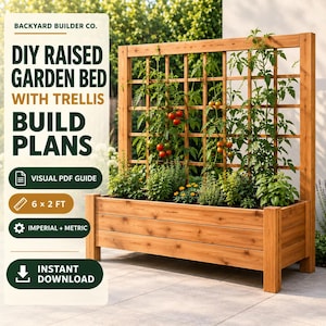 May include: A wooden raised garden bed with an integrated vertical trellis, featuring green tomato plants with small red tomatoes. The text reads: BACKYARD BUILDER CO. DIY RAISED GARDEN BED WITH TRELLIS BUILD PLANS, VISUAL PDF GUIDE, 6 x 2 FT.